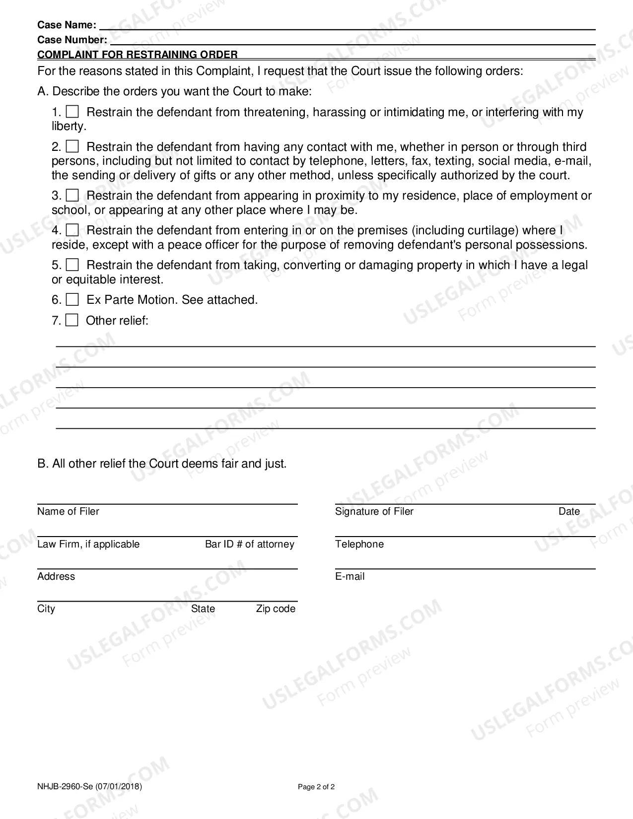 Preview Complaint for Restraining Order
