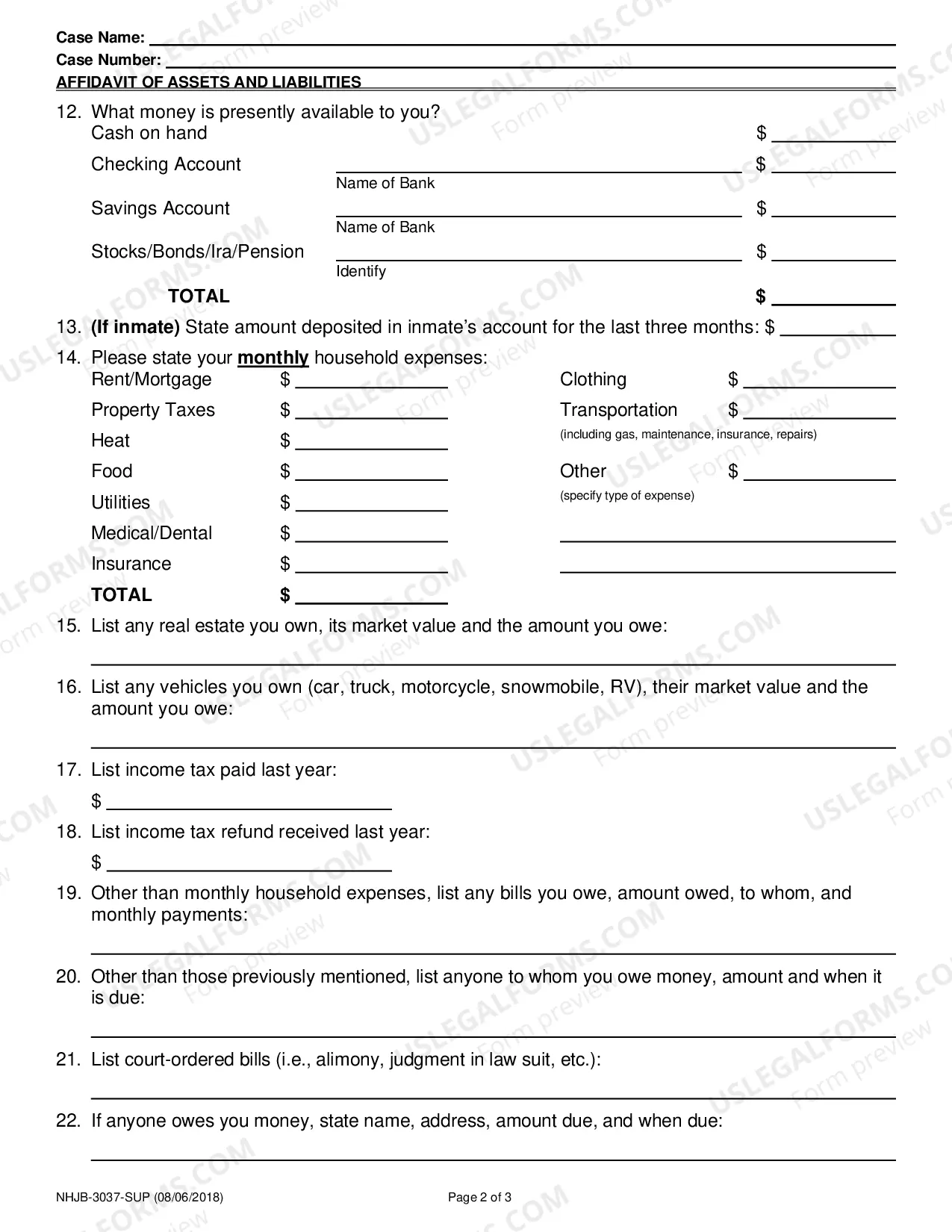 Preview Affidavit of Assets and Liabilities
