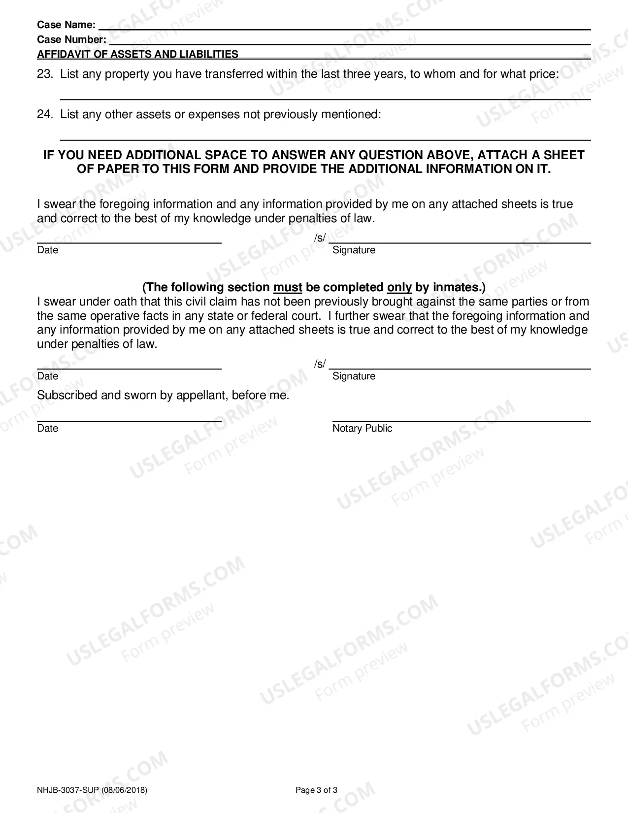Preview Affidavit of Assets and Liabilities