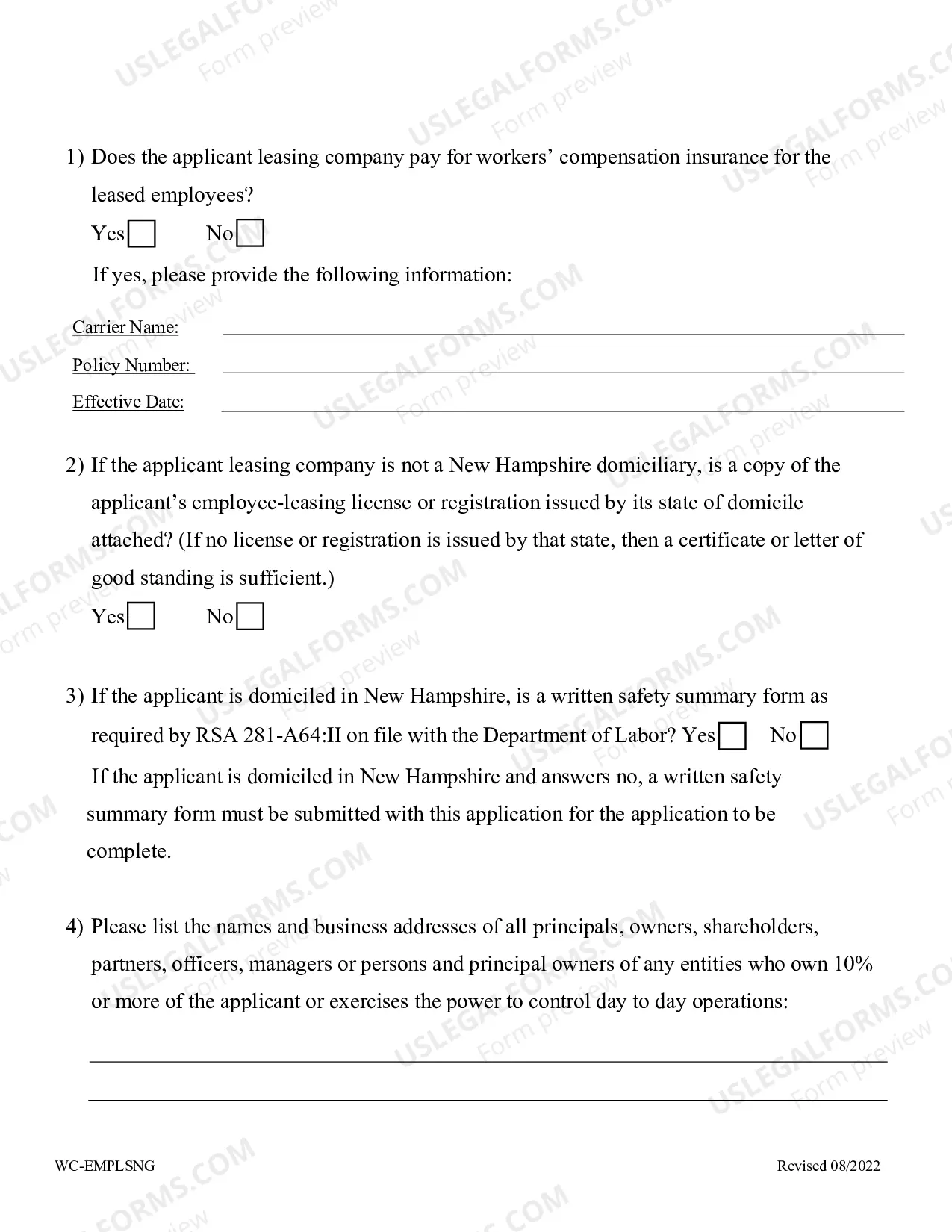 Preview Employee Leasing Renewal Application