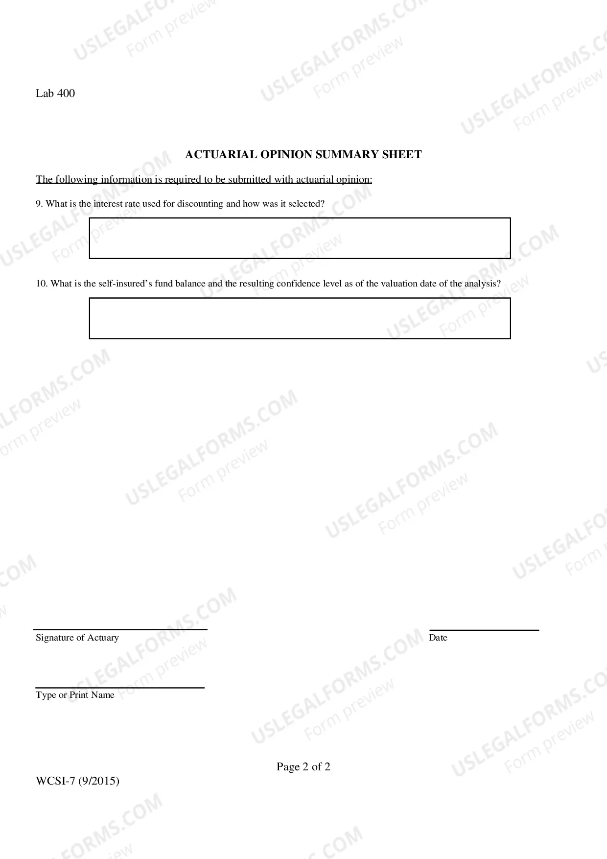 Preview Actuarial Opinion Summary Sheet