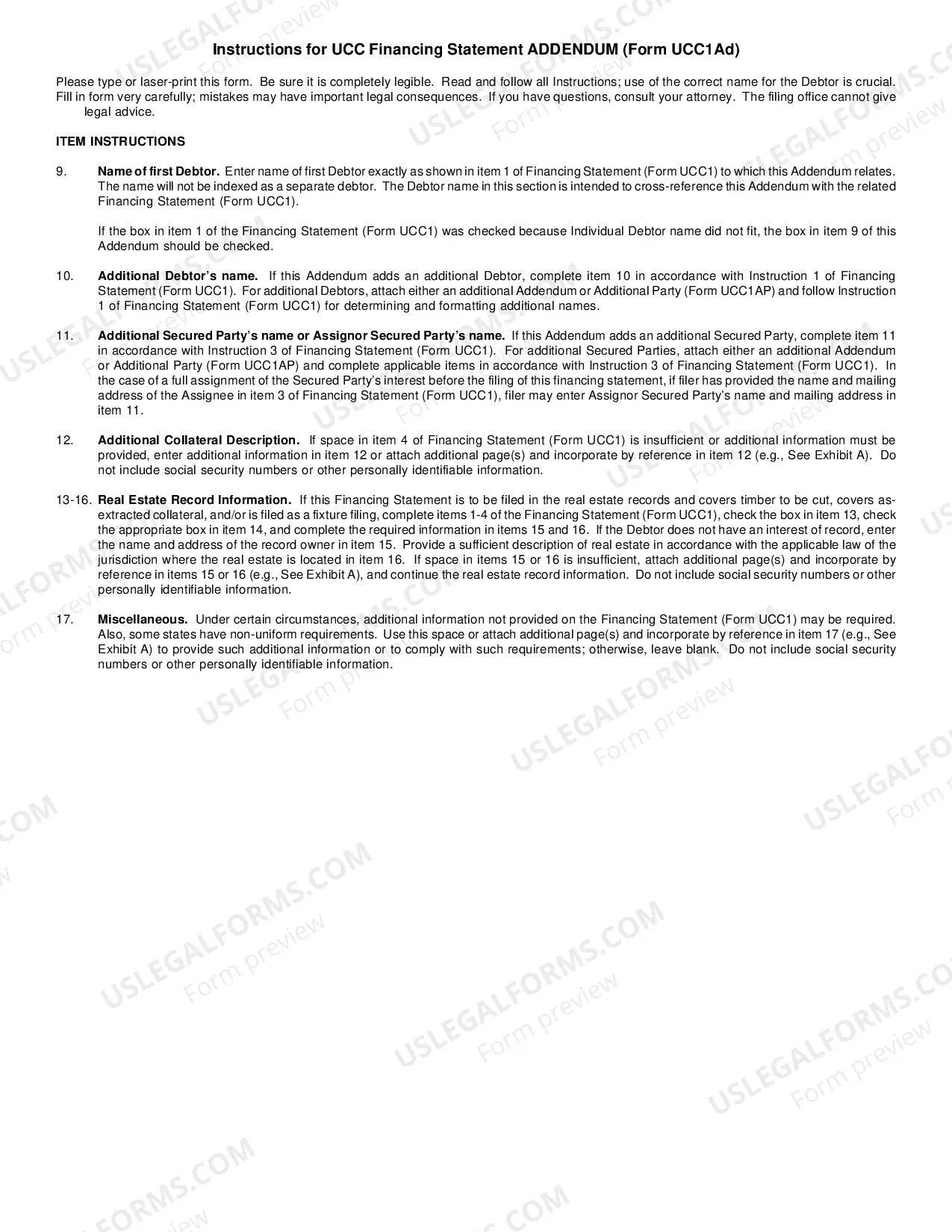 Preview New Hampshire UCC1 Financing Statement Addendum