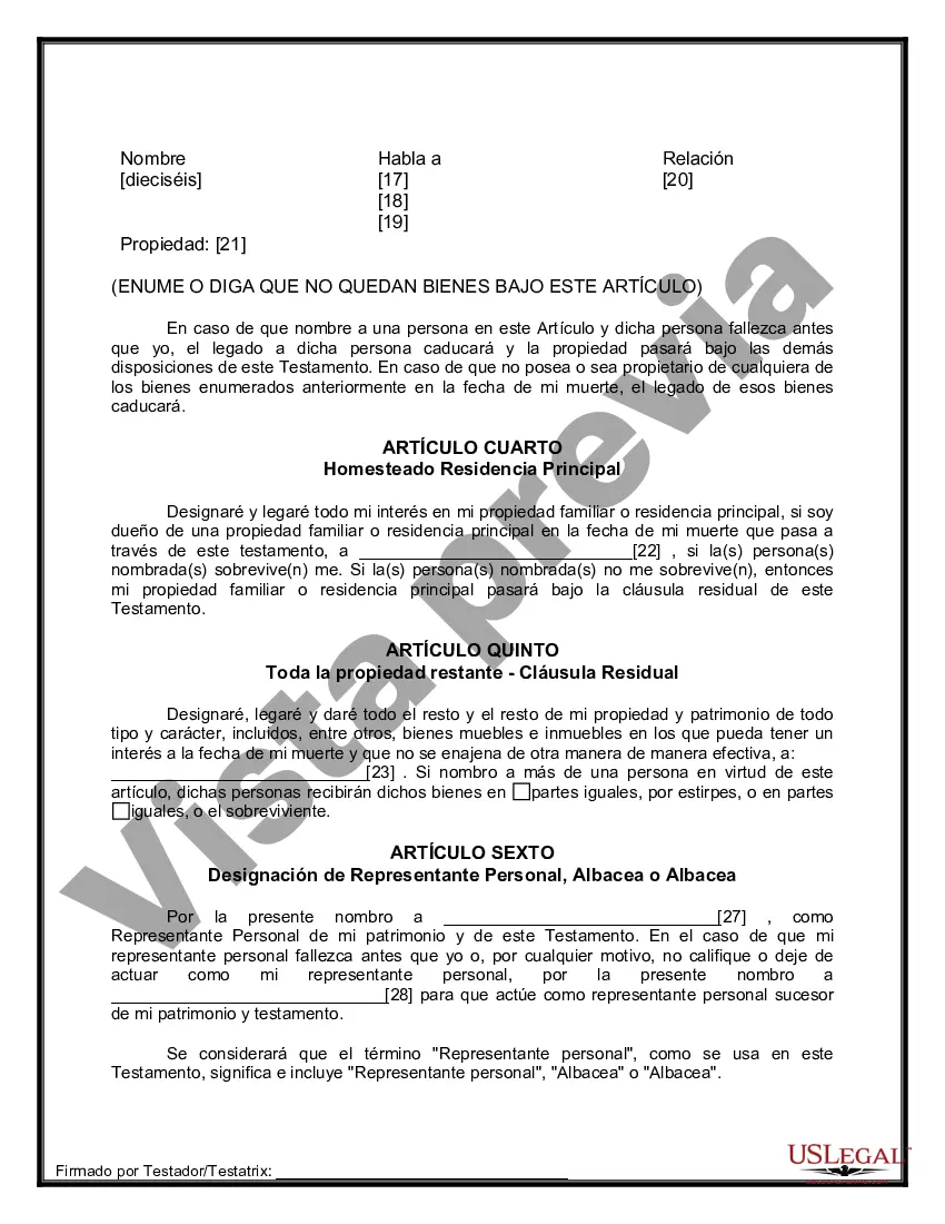 Preview Formulario de última voluntad y testamento legal para persona soltera sin hijos