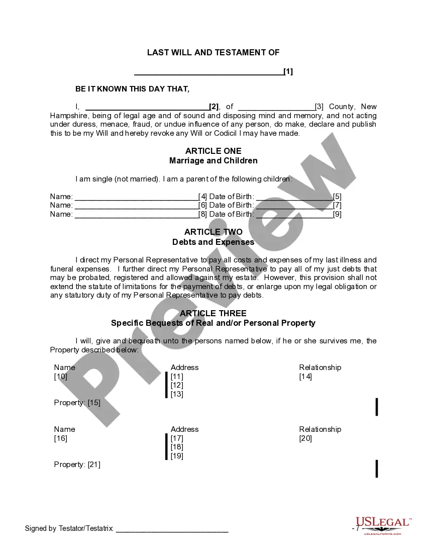 Preview Last Will and Testament for a Single Person with Minor Children