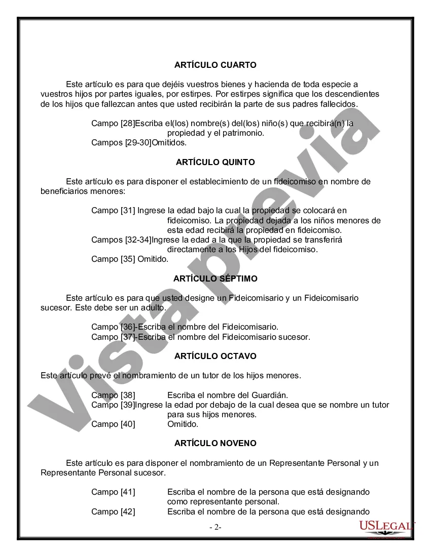 Preview Formulario Legal de Última Voluntad y Testamento para Persona Soltera con Hijos Adultos y Menores