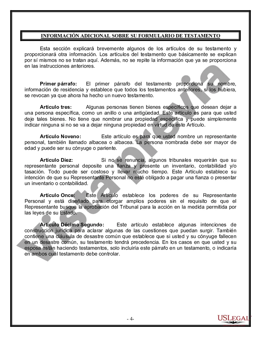 Preview Formulario Legal de Última Voluntad y Testamento para Persona Soltera con Hijos Adultos y Menores