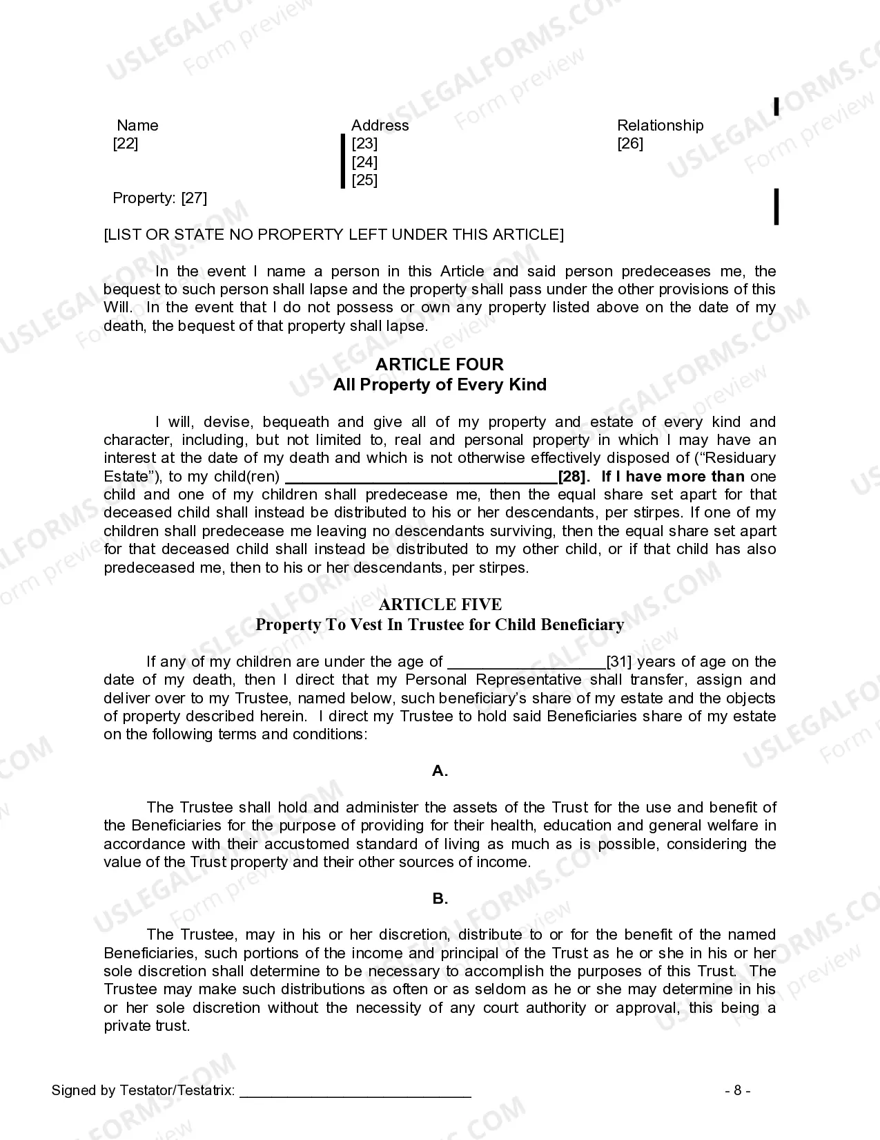 Preview Last Will and Testament for Single Person with Adult and Minor Children