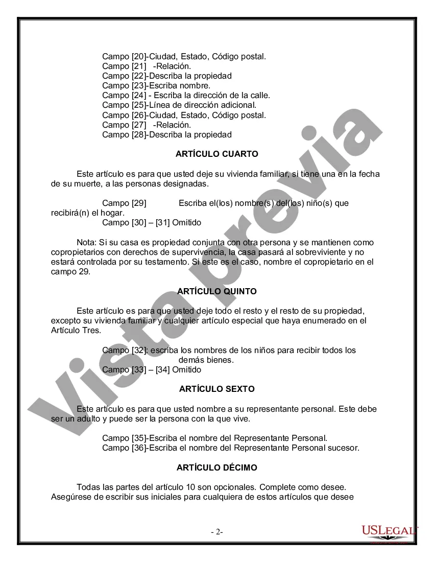 Preview Formulario Legal de Última Voluntad y Testamento para Persona Soltera con Hijos Adultos