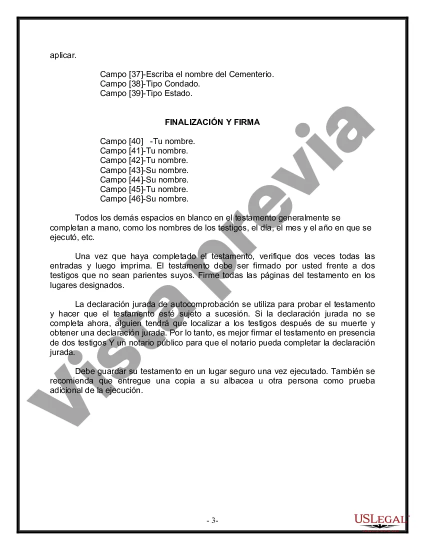 Preview Formulario Legal de Última Voluntad y Testamento para Persona Soltera con Hijos Adultos