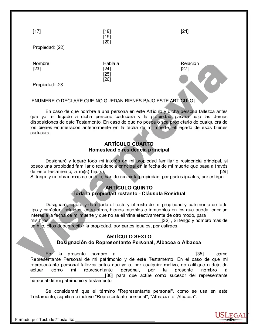Preview Formulario Legal de Última Voluntad y Testamento para Persona Soltera con Hijos Adultos