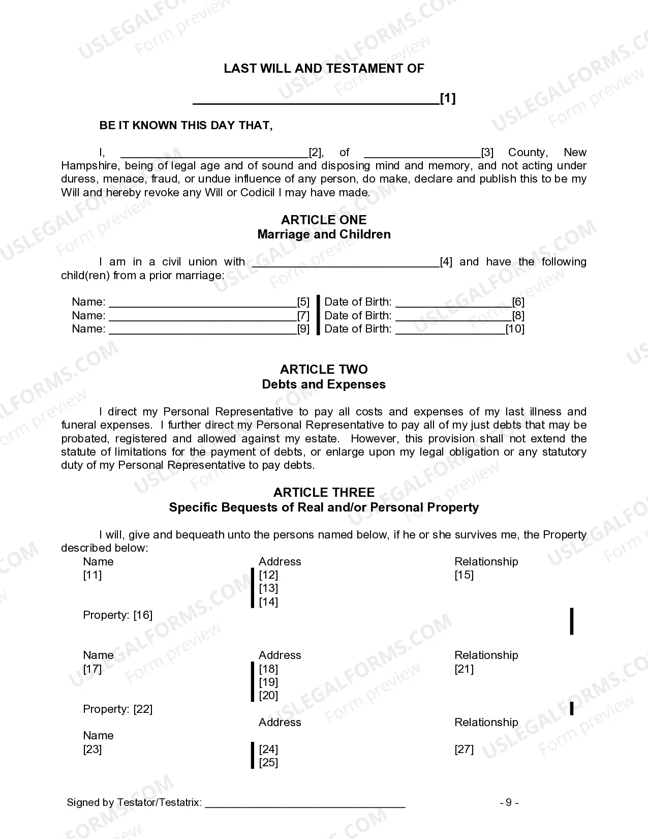 Preview Last Will and Testament for Civil Union Partner with Minor Children from Prior Marriage