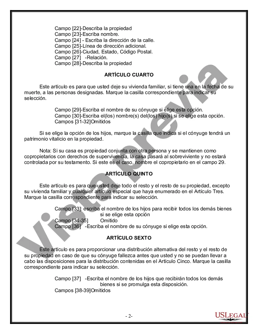 Preview Última voluntad y testamento legal para persona casada con hijos menores de edad de un matrimonio anterior