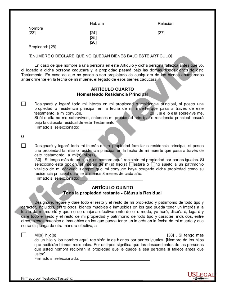 Preview Última voluntad y testamento legal para persona casada con hijos menores de edad de un matrimonio anterior
