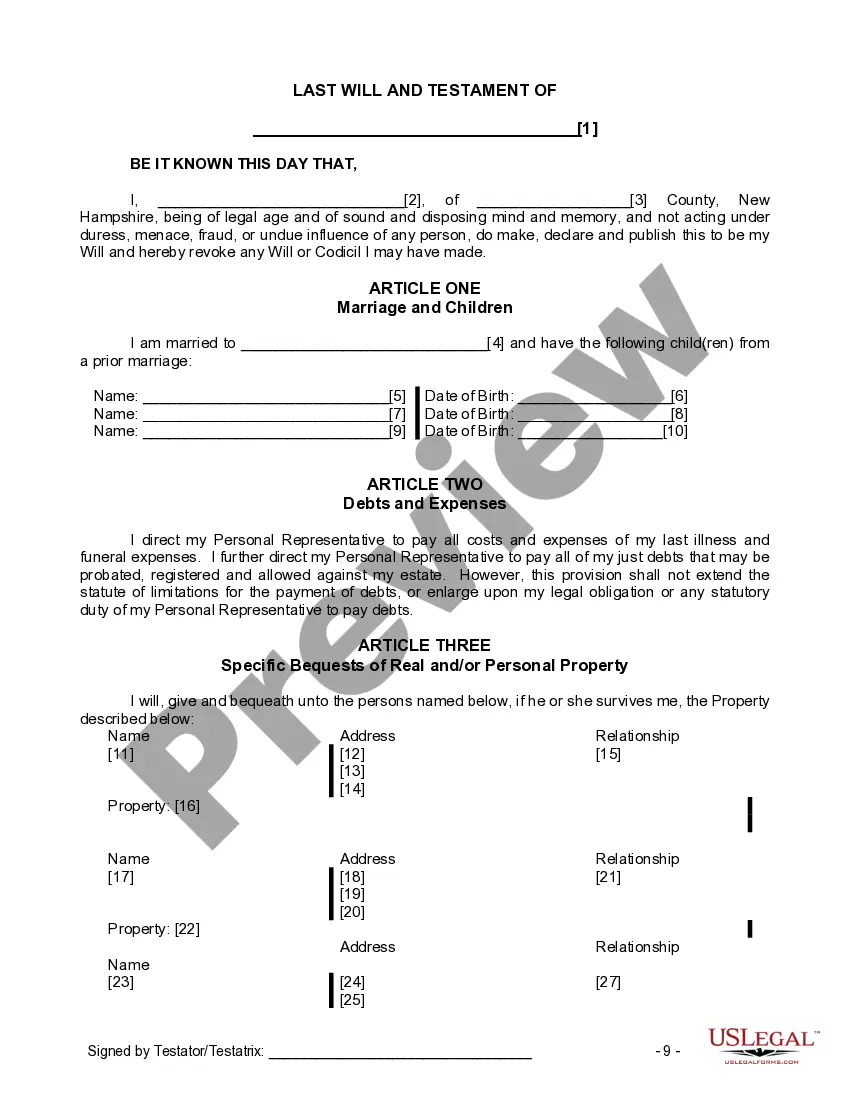 Preview Last Will and Testament for Married person with Minor Children from Prior Marriage