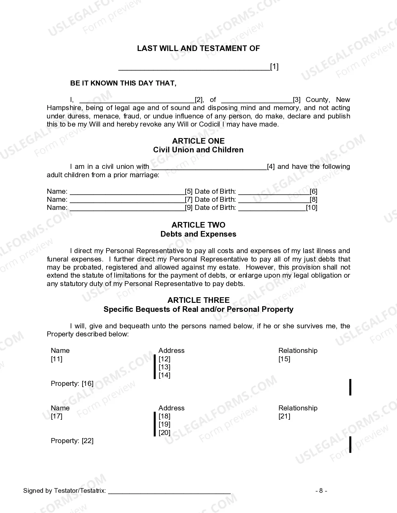 Preview Last Will and Testament for Civil Union Partner with Adult Children from Prior Marriage