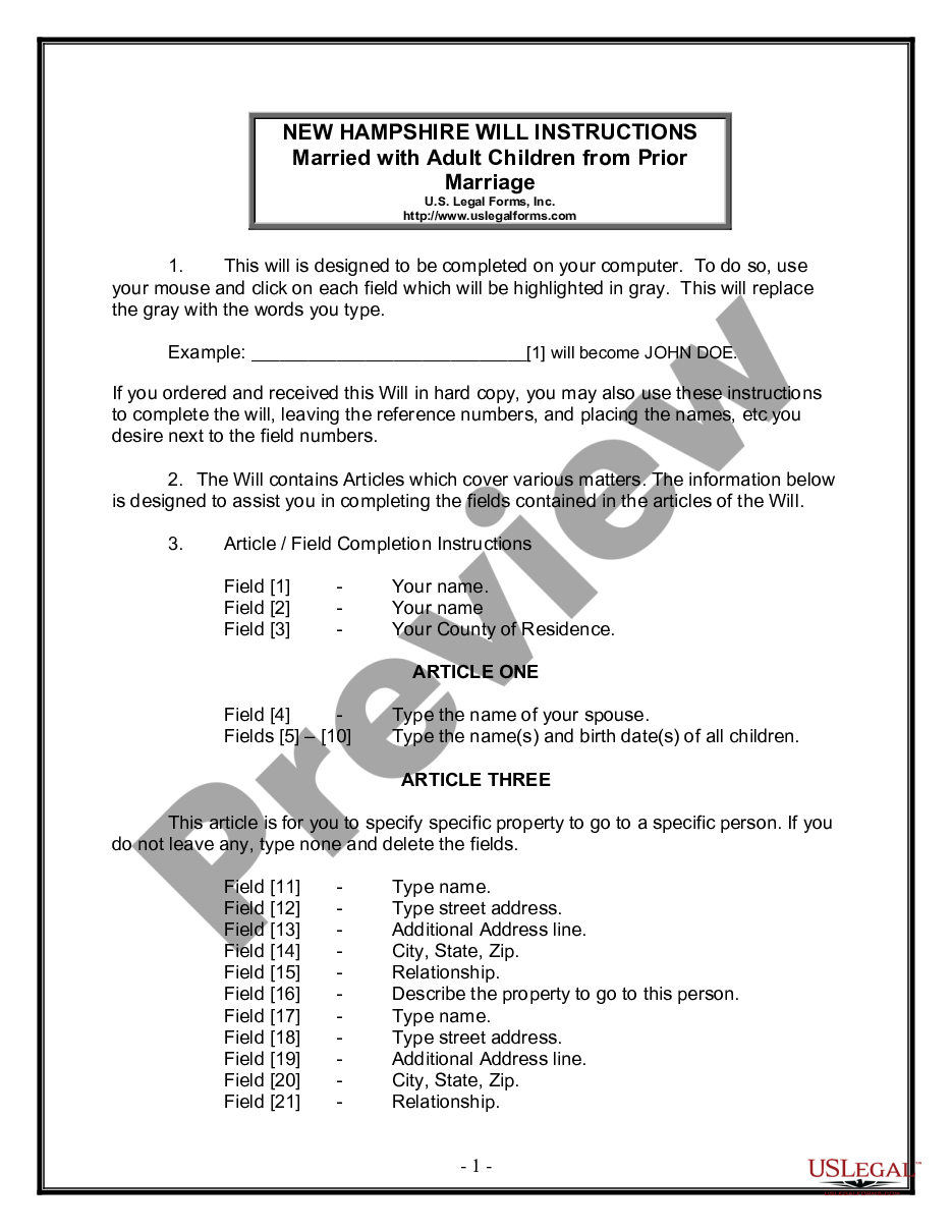 page 0 Legal Last Will and Testament Form for Married person with Adult Children from Prior Marriage preview