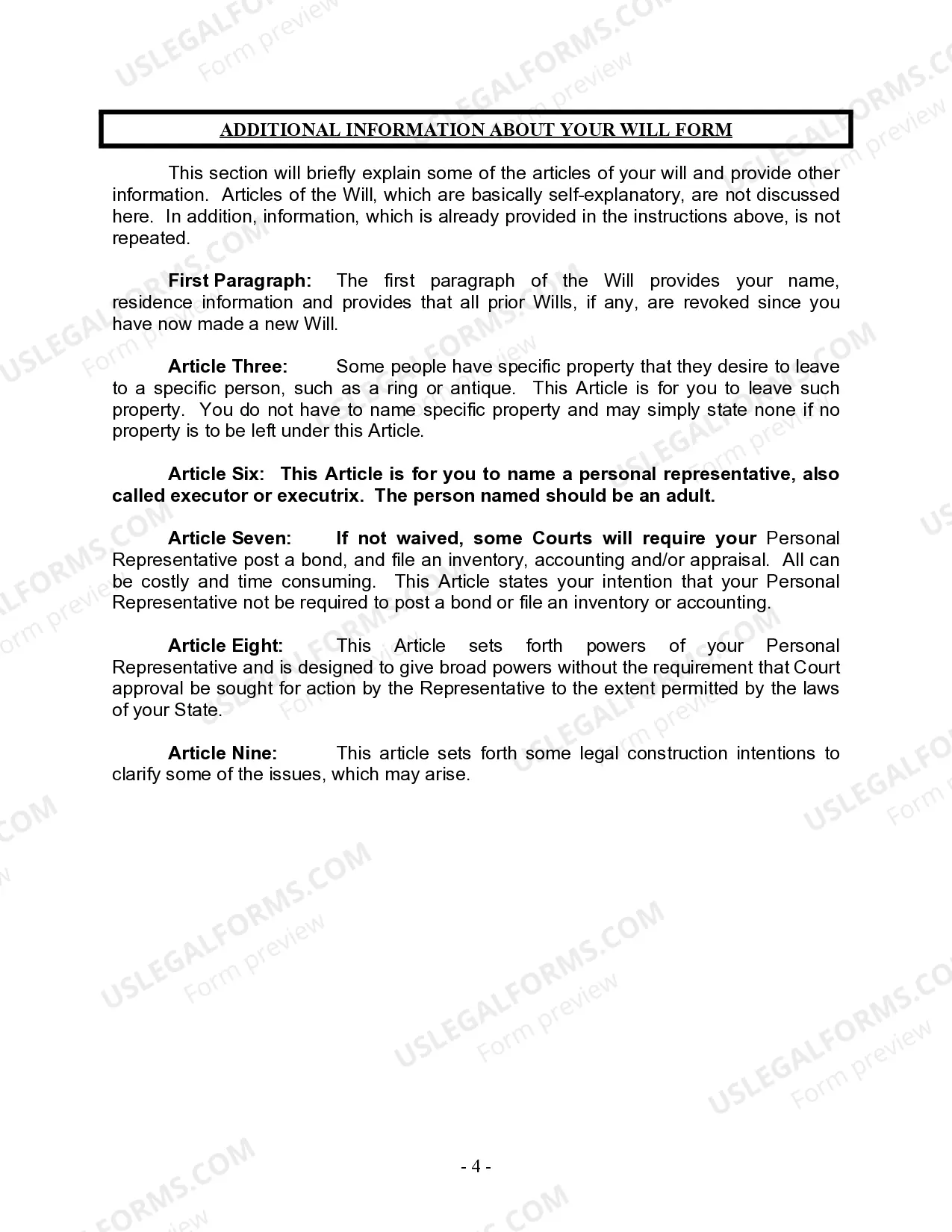 Preview Last Will and Testament for Divorced Person Not Remarried with No Children