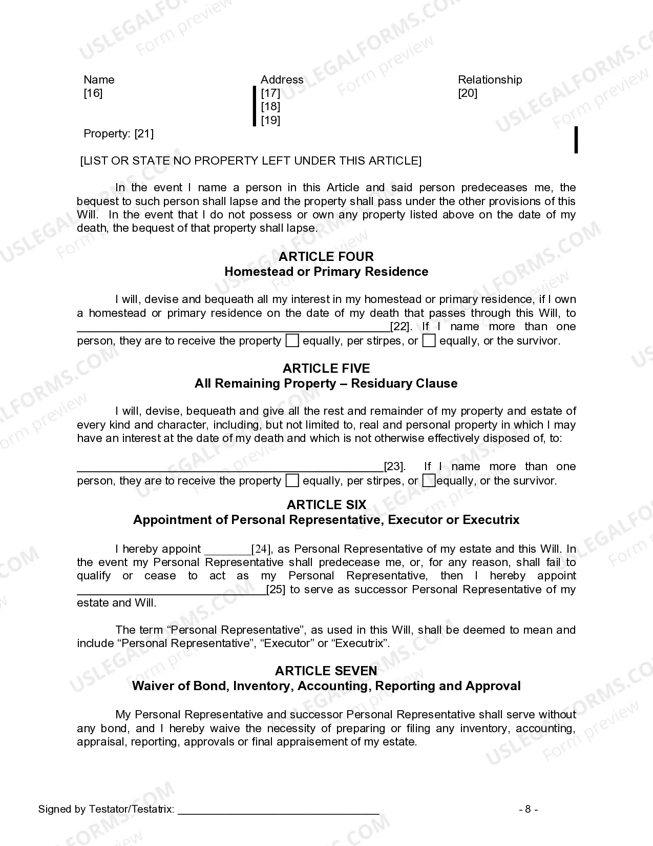 Preview Last Will and Testament for Divorced Person Not Remarried with No Children