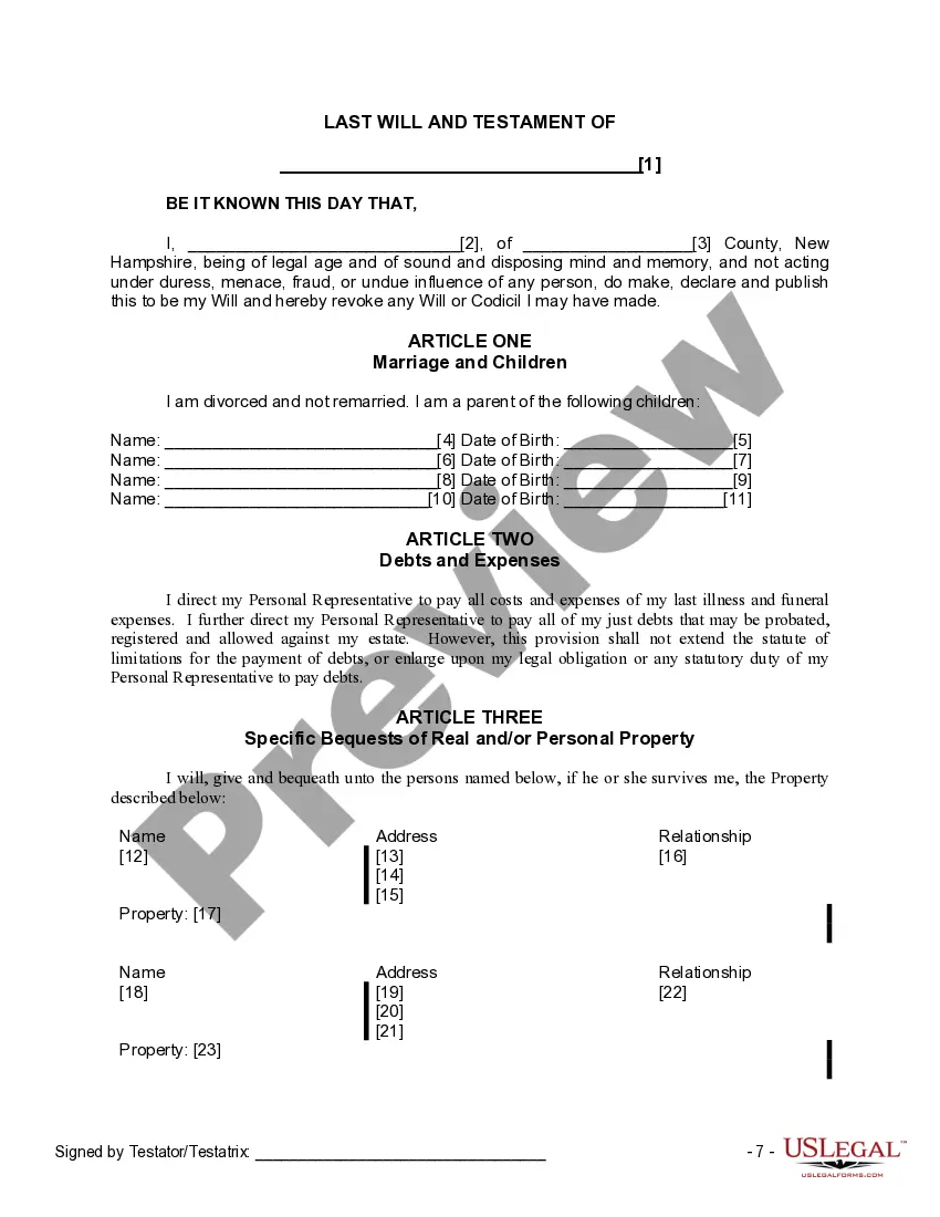 Preview Last Will and Testament for Divorced Person Not Remarried with Adult and Minor Children