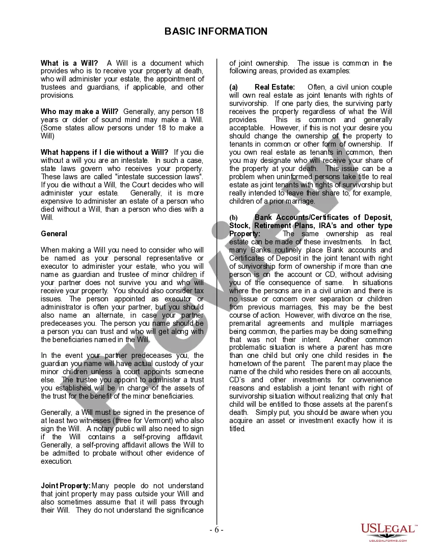 Preview Last Will and Testament for Civil Union Partner with Adult Children