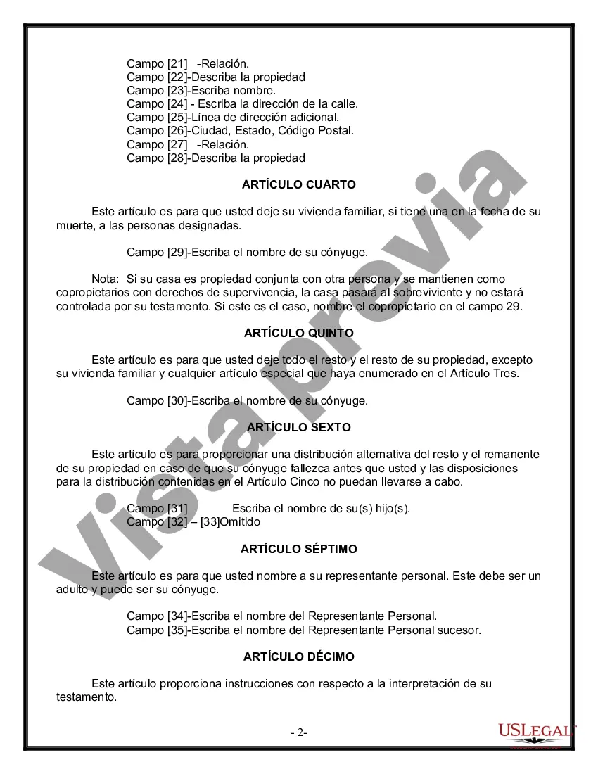 Preview Formulario Legal de Última Voluntad y Testamento para Persona Casada con Hijos Adultos