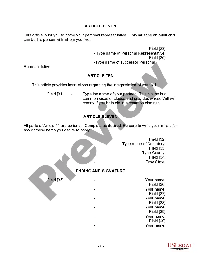 Preview Last Will and Testament for a Civil Union Partner with No Children