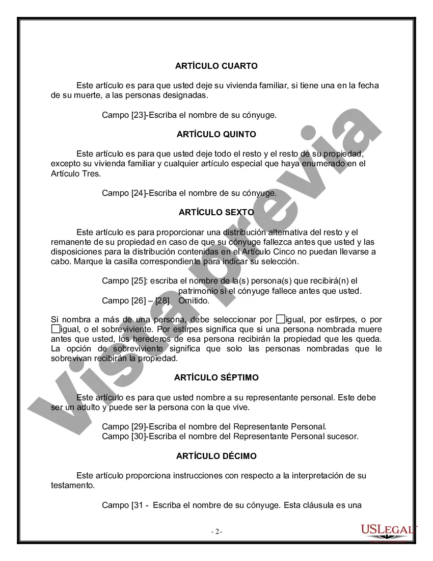 Preview Formulario de última voluntad y testamento legal para una persona casada sin hijos