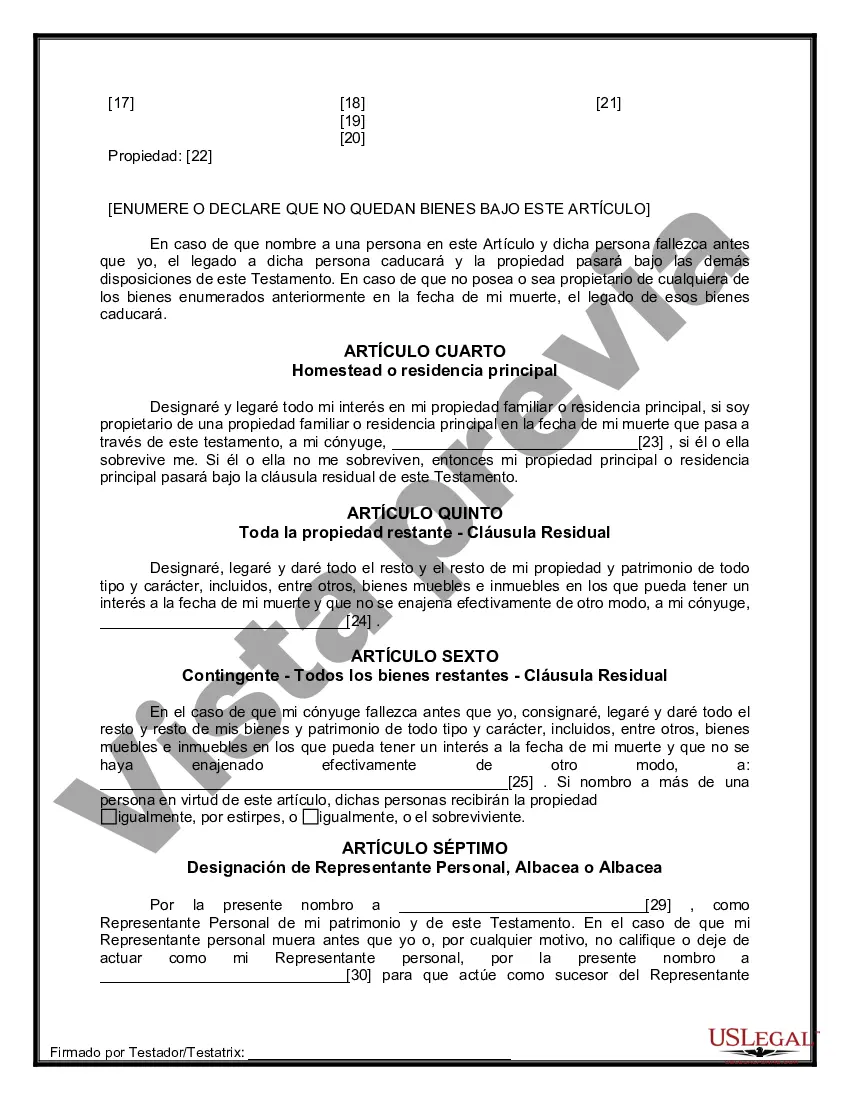 Preview Formulario de última voluntad y testamento legal para una persona casada sin hijos
