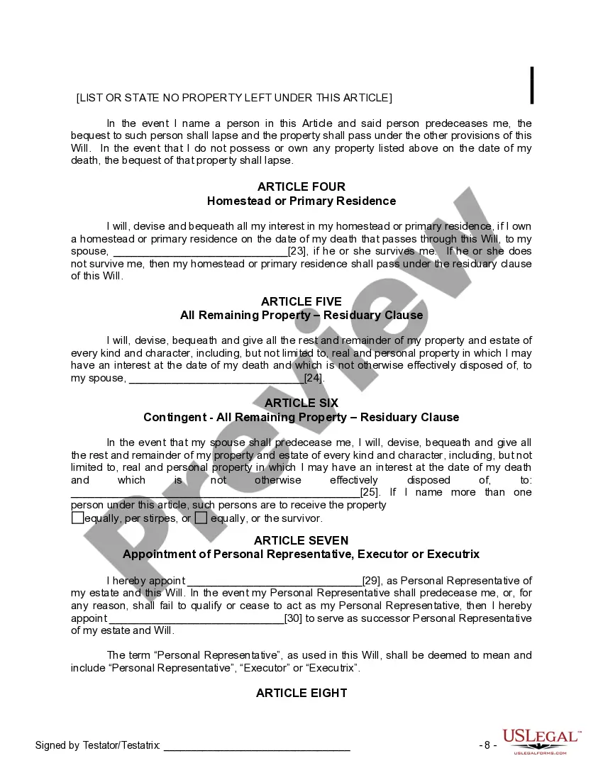 Preview Last Will and Testament for a Married Person with No Children