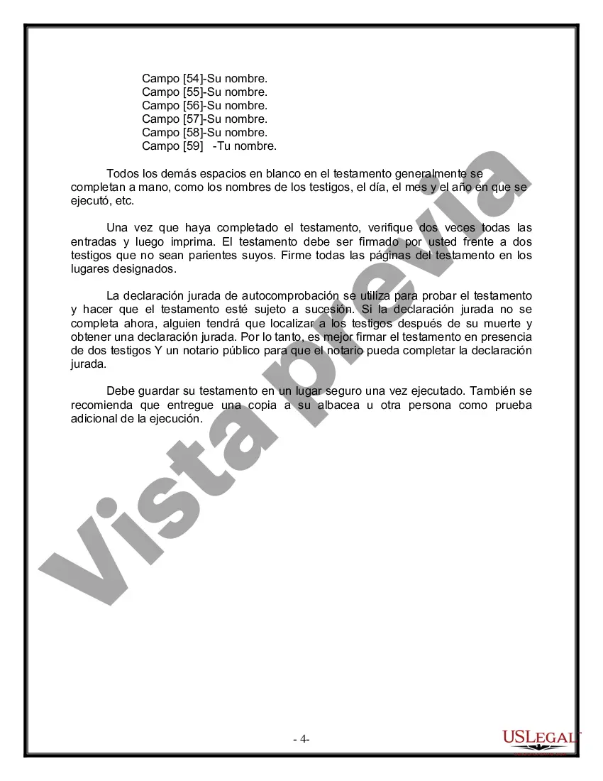 Preview Formulario Legal de Última Voluntad y Testamento para Pareja de Unión Civil con Hijos Menores