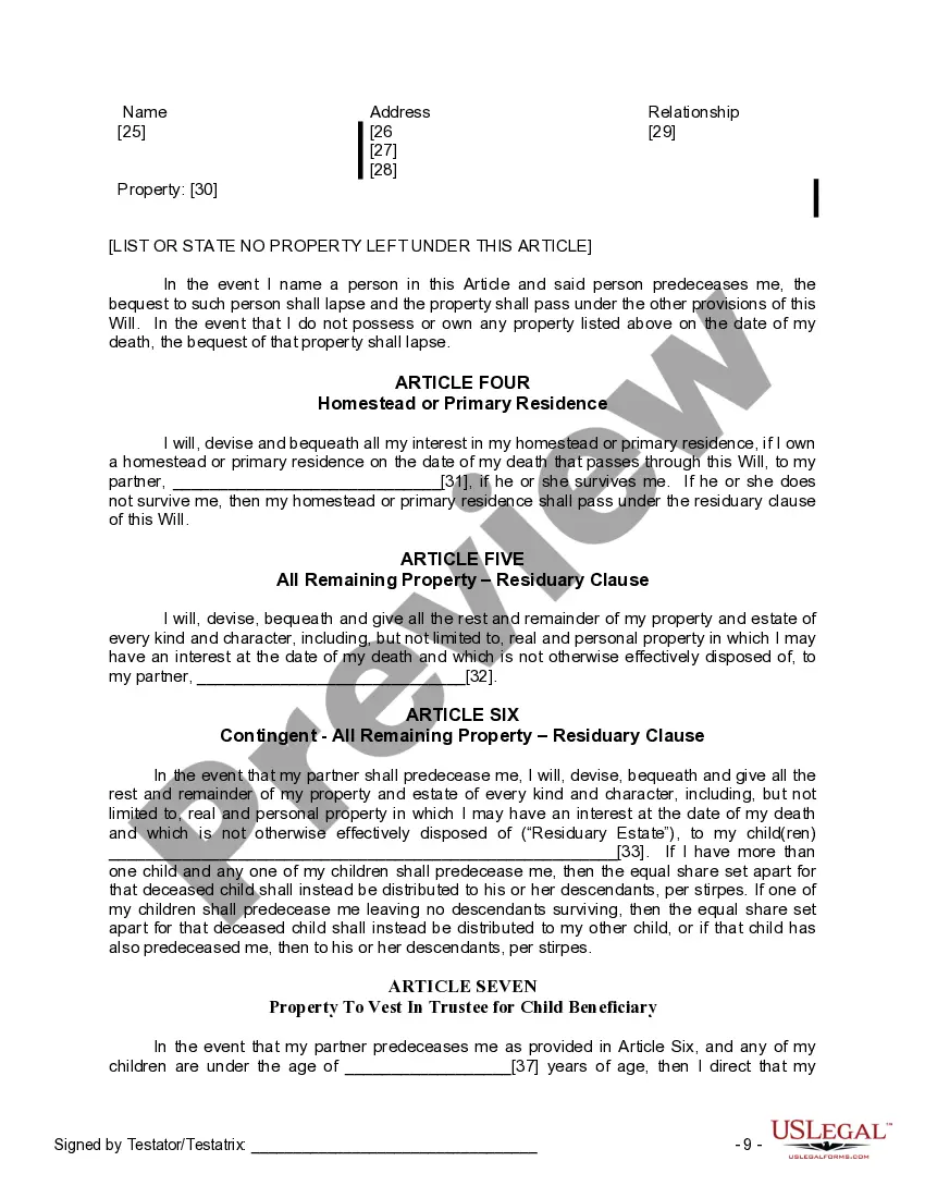 Preview Last Will and Testament for Civil Union Partner with Minor Children