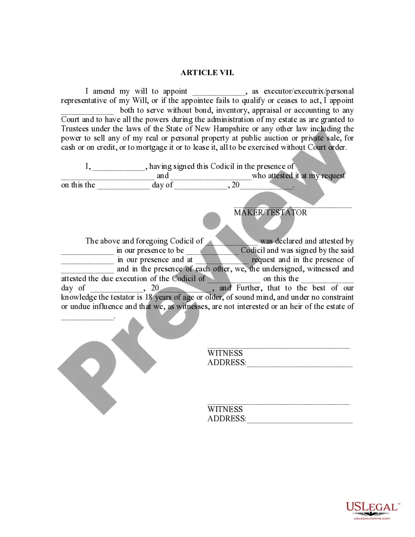 Preview Codicil to Will Form for Amending Your Will - Will Changes or Amendments