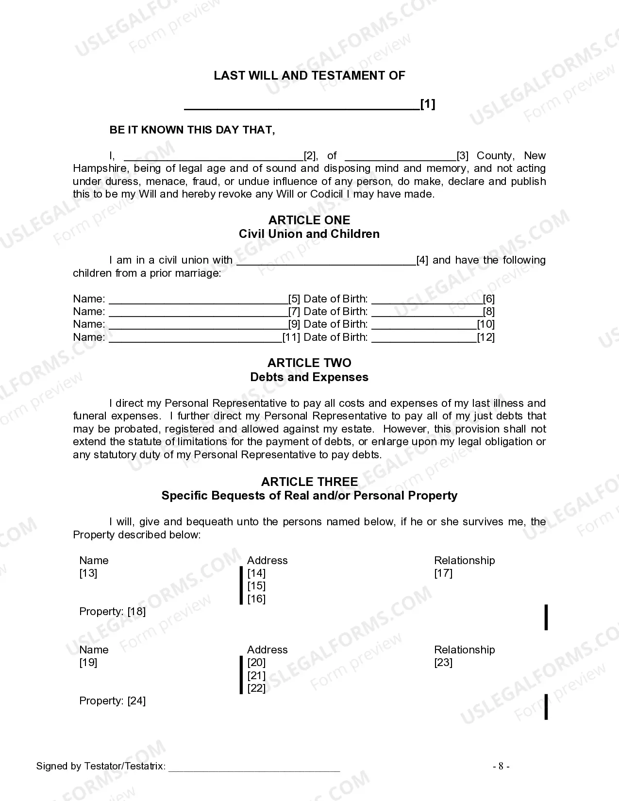 Preview Last Will and Testament for Civil Union Partner with Adult and Minor Children from Prior Marriage