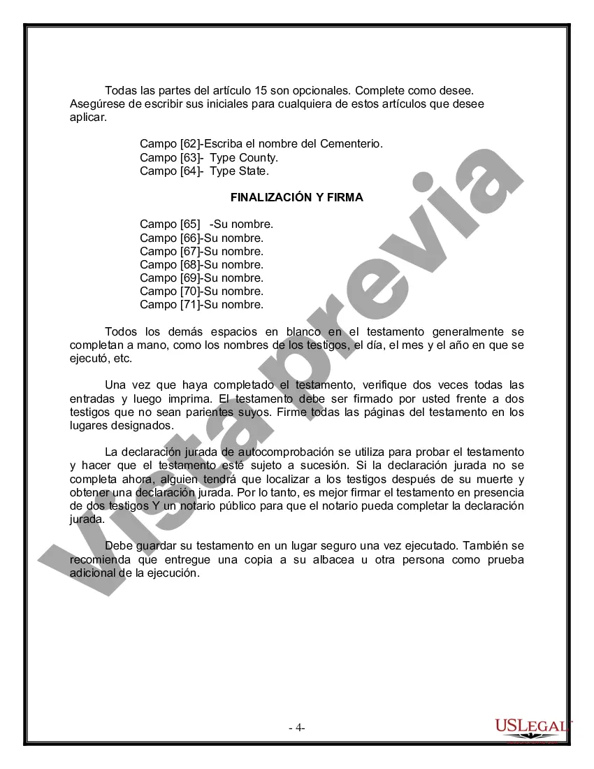 Preview Formulario Legal de Última Voluntad y Testamento para Persona Casada con Hijos Adultos y Menores de Matrimonio Anterior