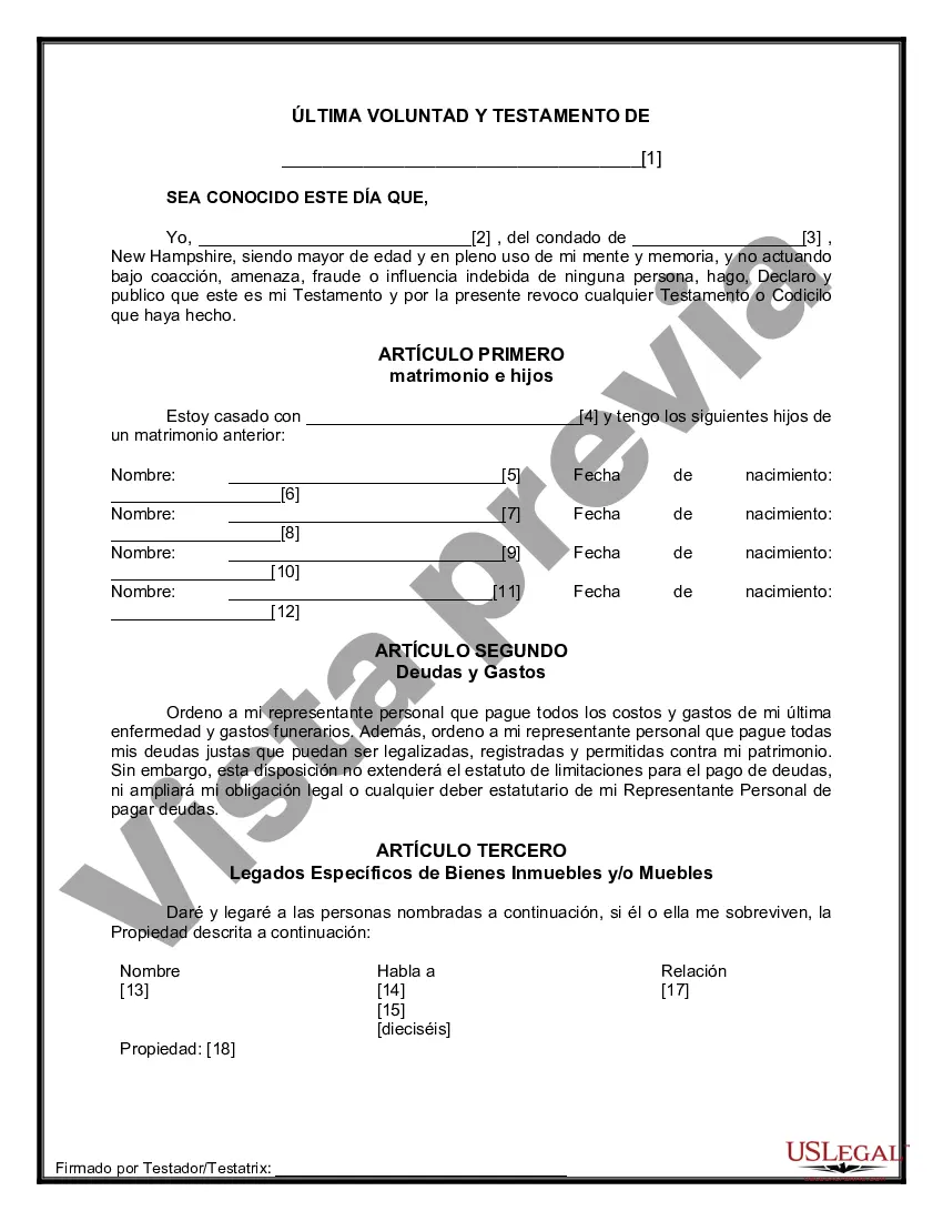 Preview Formulario Legal de Última Voluntad y Testamento para Persona Casada con Hijos Adultos y Menores de Matrimonio Anterior