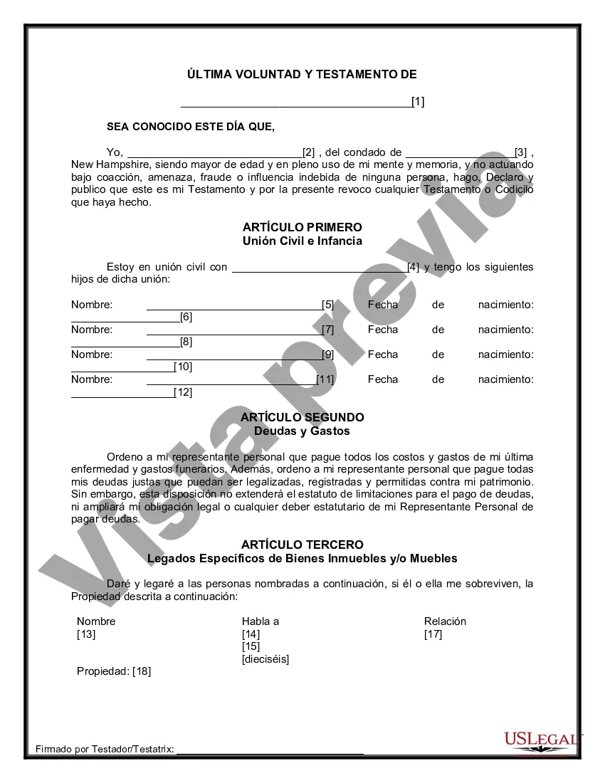 Preview Formulario Legal de Última Voluntad y Testamento para Pareja de Unión Civil con Hijos Adultos y Menores