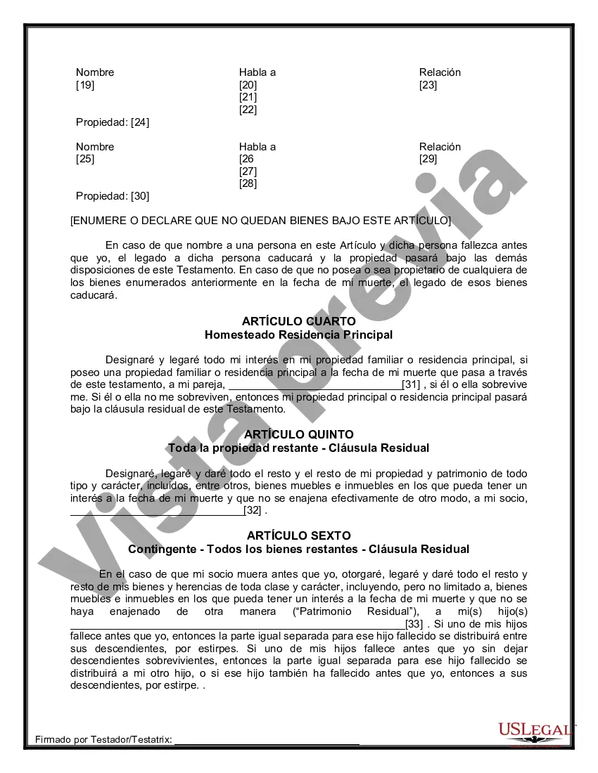 Preview Formulario Legal de Última Voluntad y Testamento para Pareja de Unión Civil con Hijos Adultos y Menores