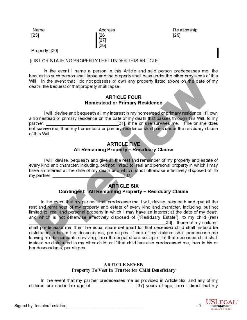 Preview Last Will and Testament for Civil Union Partner with Adult and Minor Children
