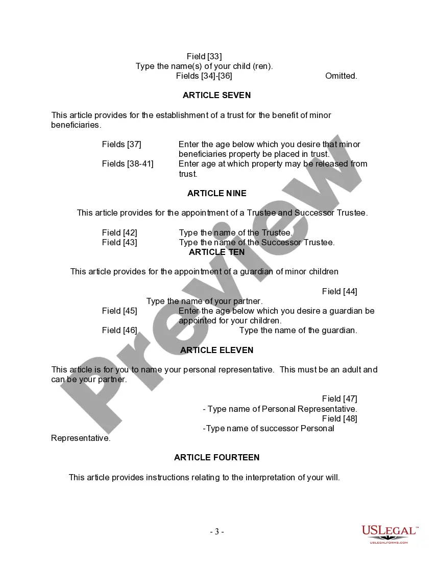 Preview Last Will and Testament for Civil Union Partner with Adult and Minor Children