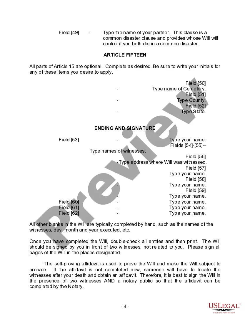 Preview Last Will and Testament for Civil Union Partner with Adult and Minor Children