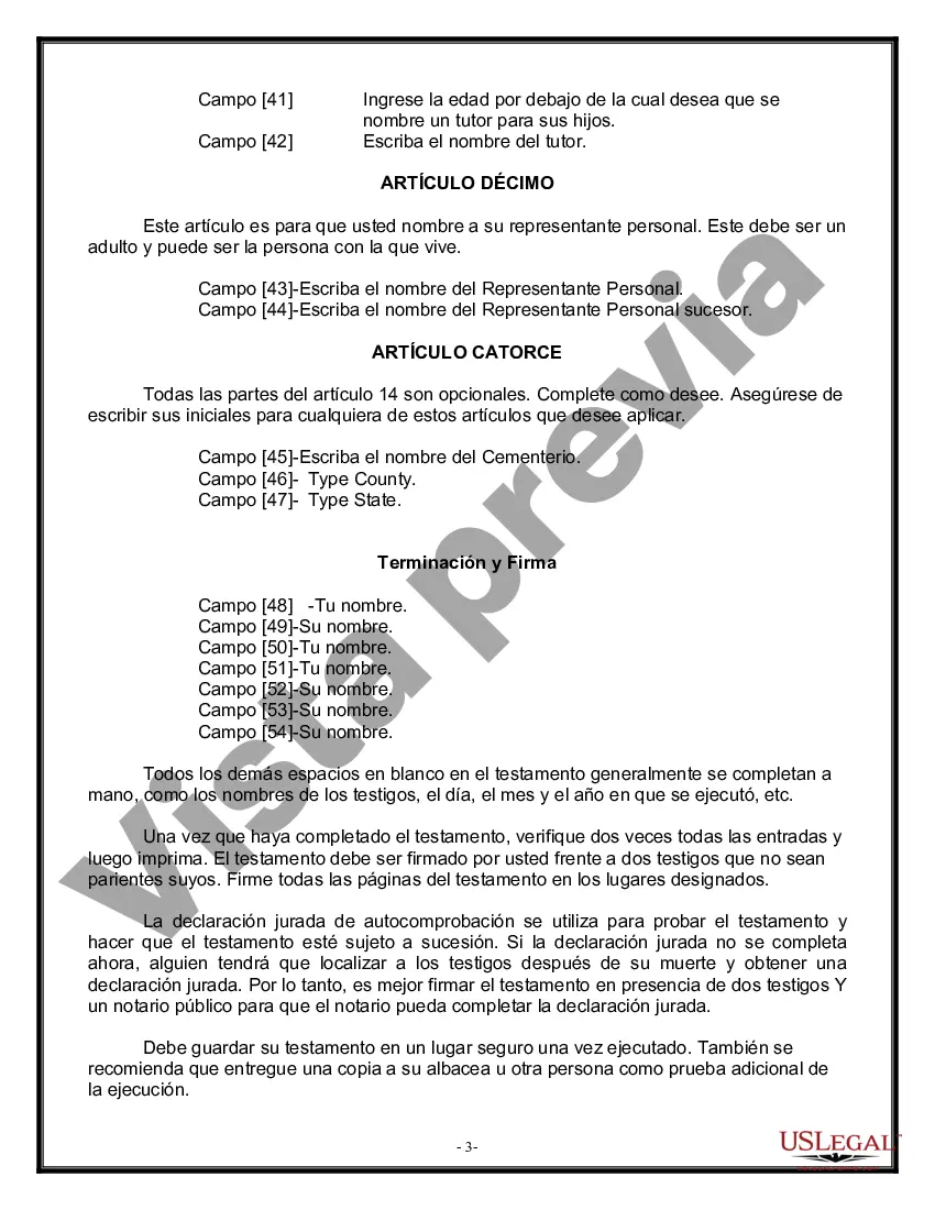 Preview Formulario Legal de Última Voluntad y Testamento para Viuda o Viudo con Hijos Menores
