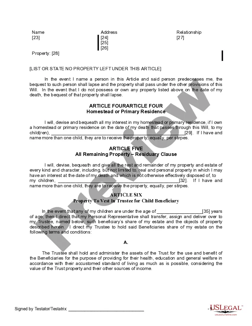 Preview Last Will and Testament for Widow or Widower with Minor Children