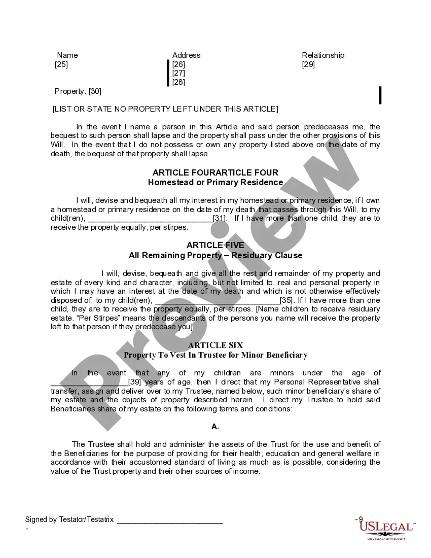 Preview Last Will and Testament for a Widow or Widower with Adult and Minor Children