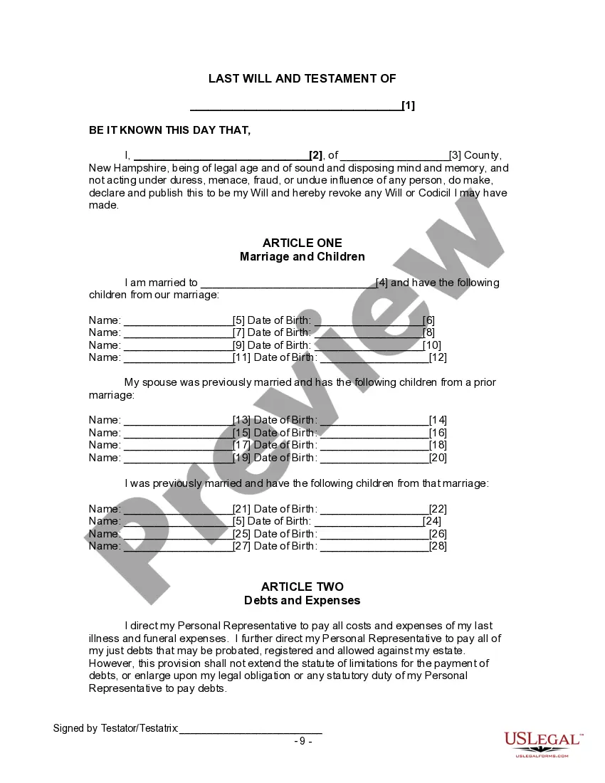 Preview Last Will and Testament for Divorced and Remarried Person with Mine, Yours and Ours Children