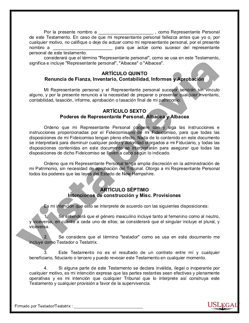 Preview Último testamento legal y formulario de testamento con todos los bienes en fideicomiso llamado testamento invertido