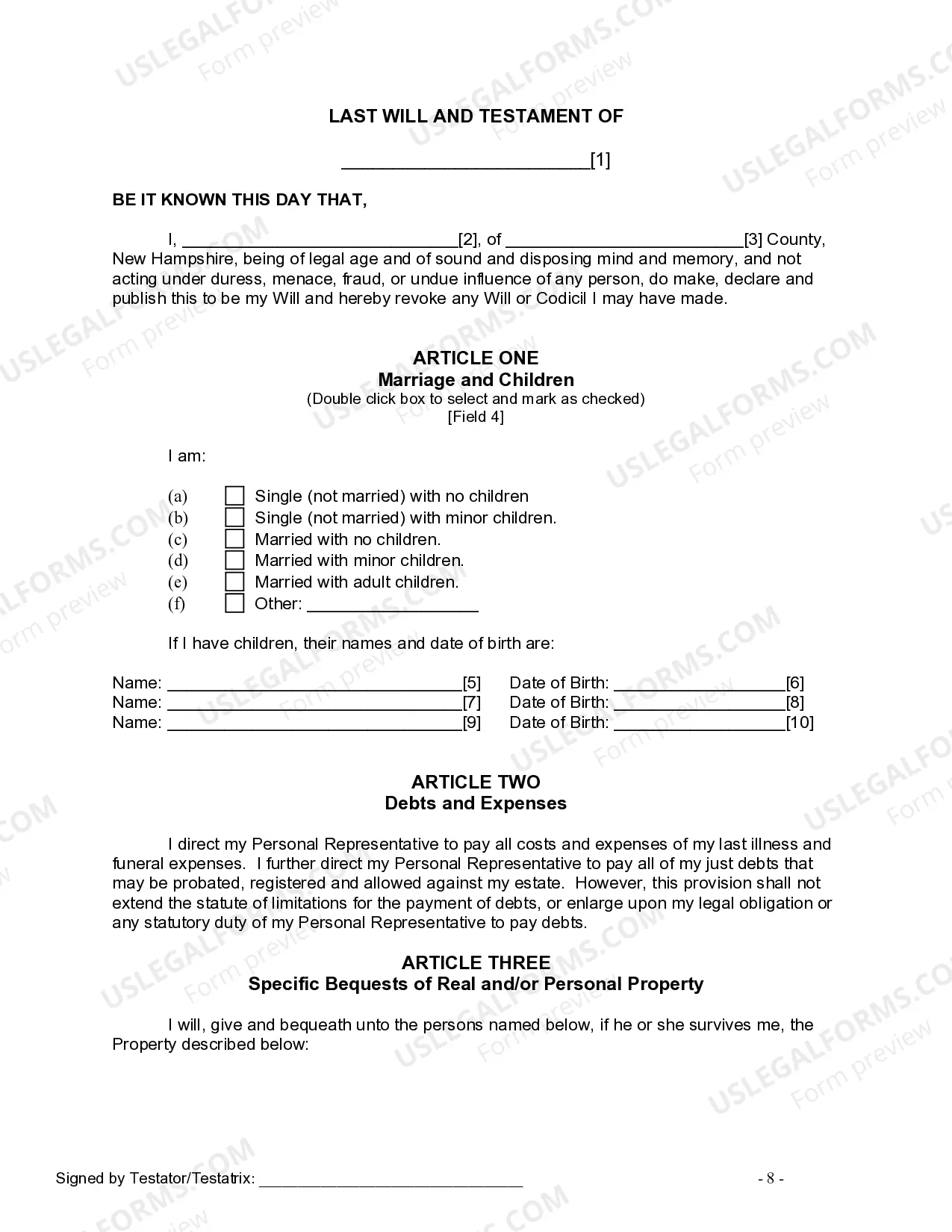 Preview Last Will and Testament for other Persons