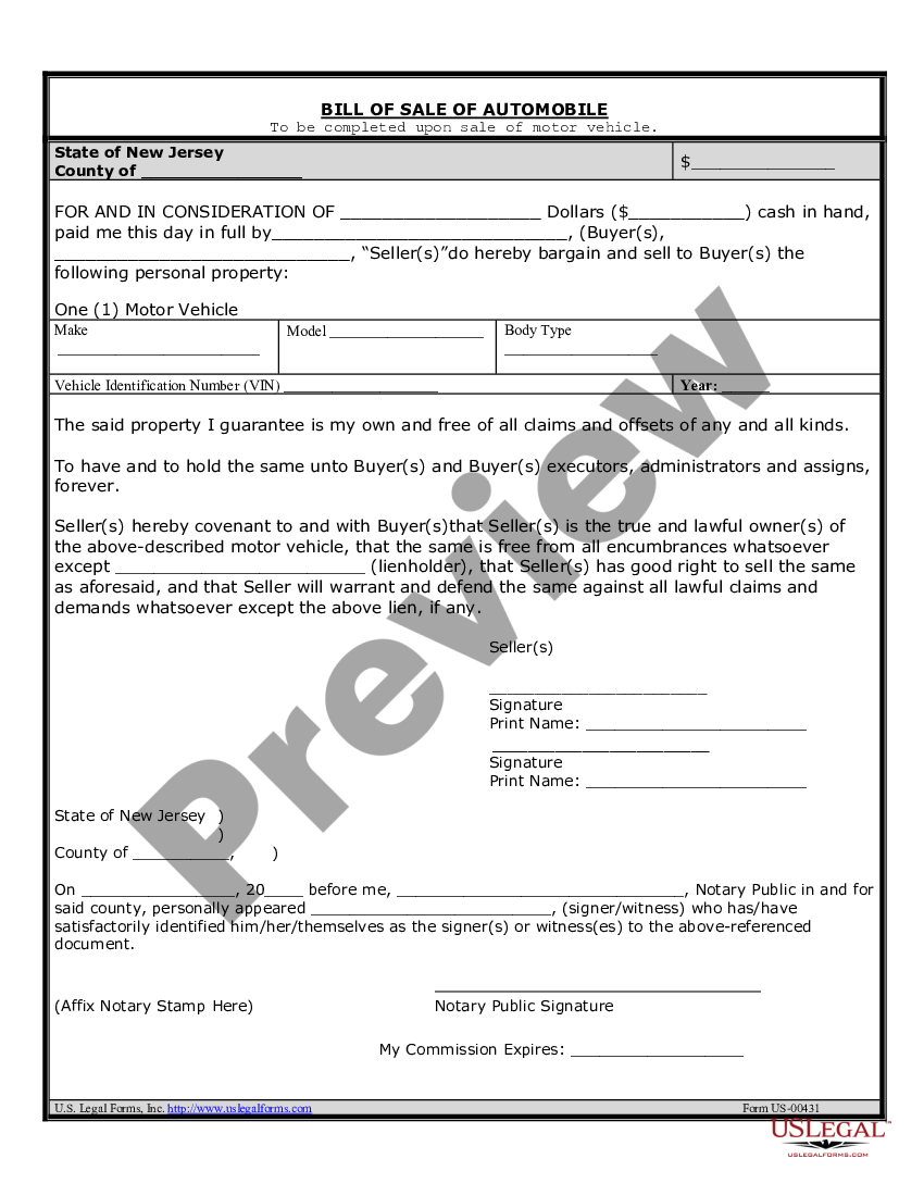 New Jersey Bill Of Sale Of Automobile And Odometer Statement Ph 7192