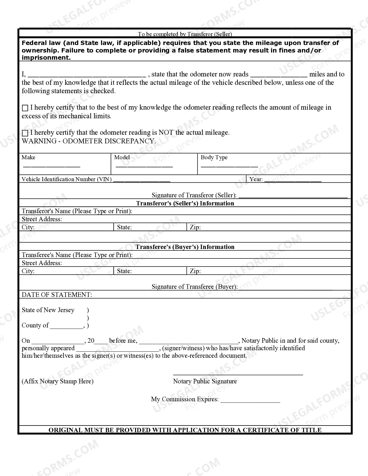 Preview Bill of Sale of Automobile and Odometer Statement