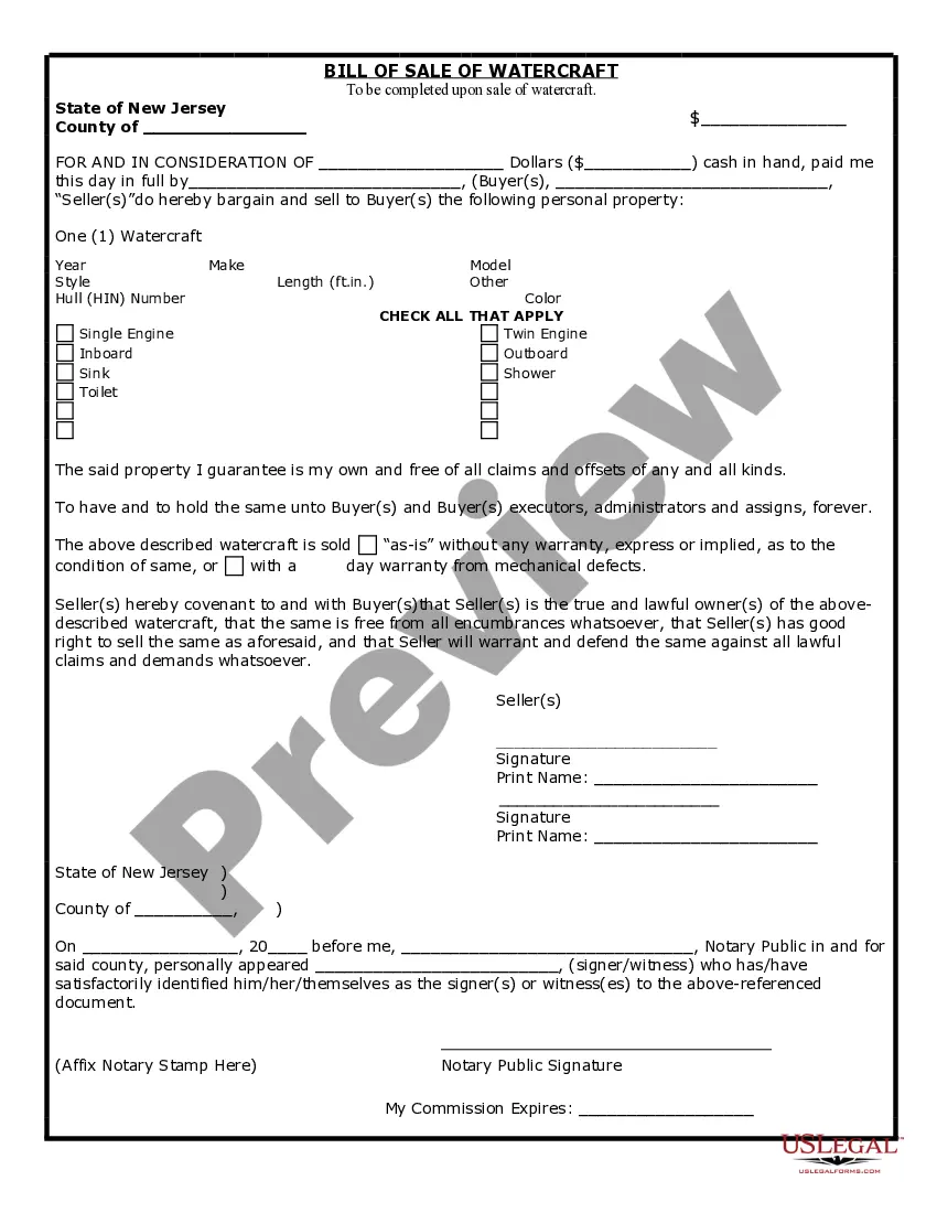Preview Bill of Sale for WaterCraft or Boat