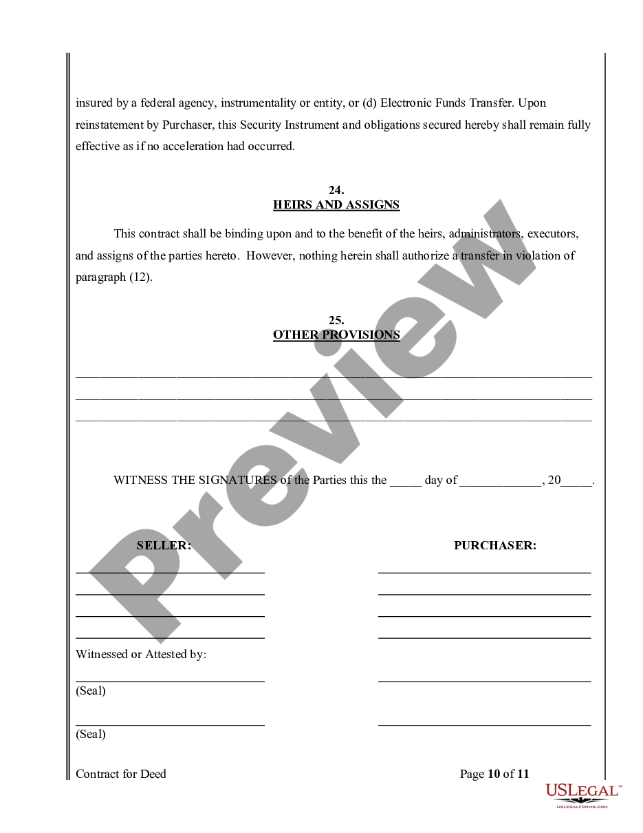 page 9 Agreement or Contract for Deed for Sale and Purchase of Real Estate a/k/a Land or Executory Contract preview